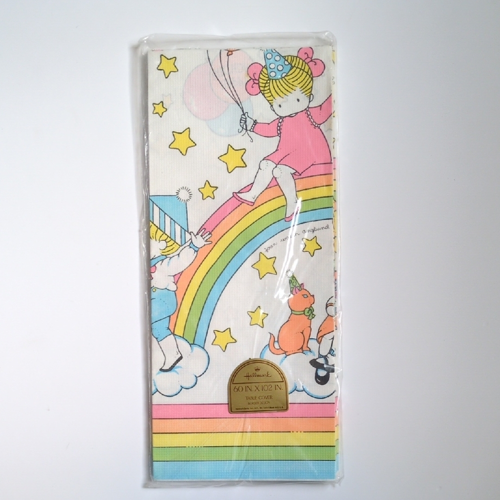 Vintage 80s Hallmark Rainbow Cat Birthday Party Tablecloth Joan Walsh Angulnd